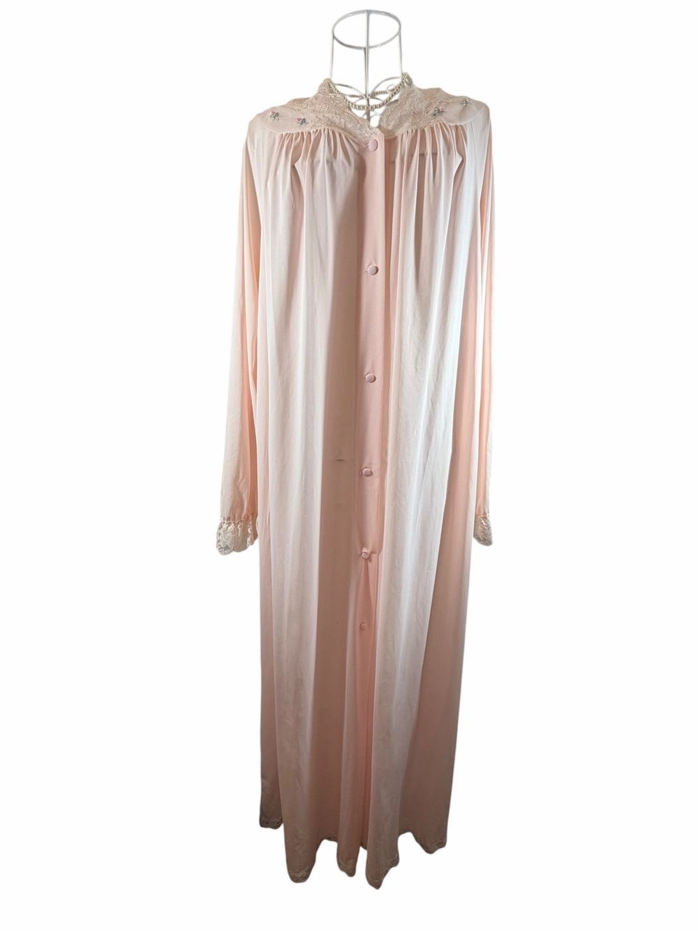 Vintage Shadowline Nylon Long Pink Lace-Trim Nightgown Size M Flawed see below